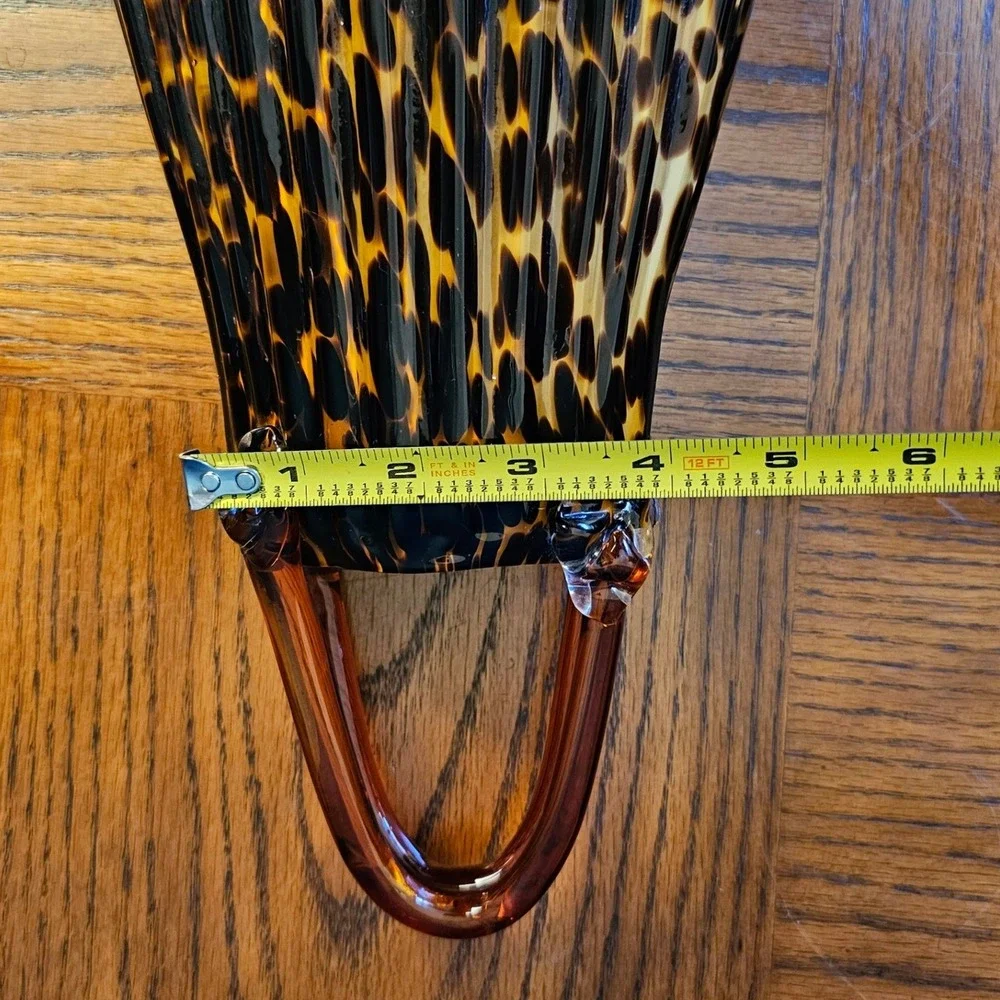 Vintage Art Glass Tortoiseshell Purse Vase Amber Brown Leopard Print Hand Blown